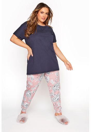 Marineblaues pyjama set mit sommerlichem, floralen print