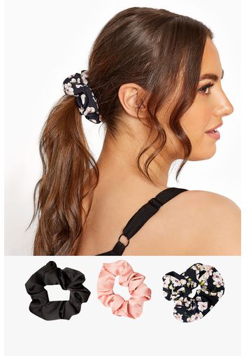 3er pack florale scrunchies, pink & schwarz