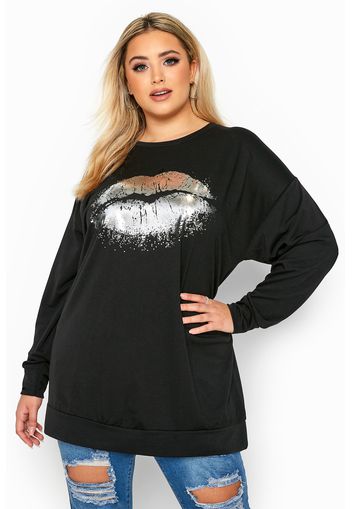 Große größen sweatshirt mit lippenfoliendruck  schwarz 66-68