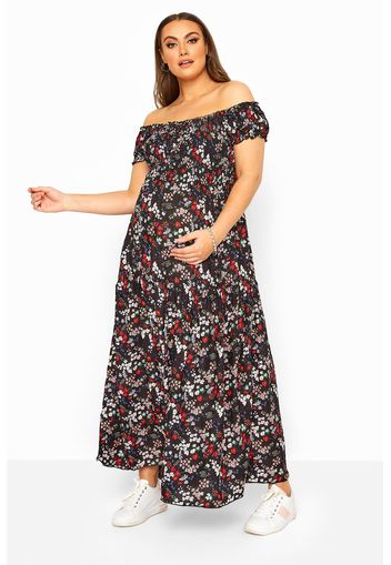 Bump it up maternity schwarzes florales maxikleid mit gerafftem mieder