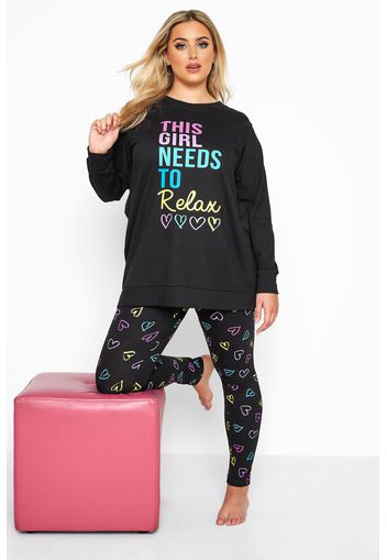 Schwarzes lounge set mit herz print & relax slogan