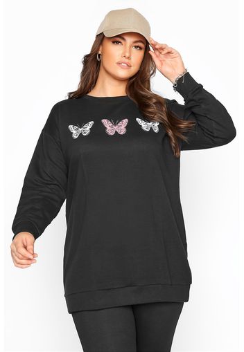 Große größen schwarzes sweatshirt mit schmetterling print & nieten 50-52