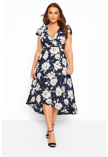 Große größen yours london wickelkleid mit asymmetrischem saum  blau/weiß 44