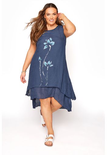 Große größen marineblaues florales, zweilagiges kleid 44