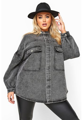 Große größen graue denimjacke mit ballonärmeln in acid waschung 44