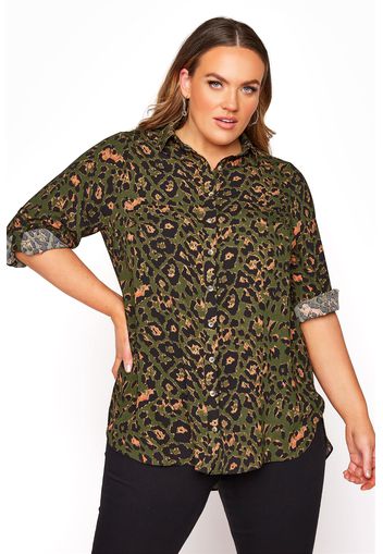 Große größen lang geschnittene bluse mit leoparden print, khaki 50-52