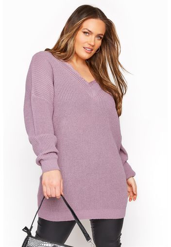 Große größen lilafarbener oversized strickpullover mit spitzenbesatz 54-56