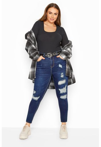 Große größen extrem zerrissene & ausgefranste skinny ava jeans, dunkel blau  48