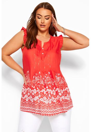 Große größen ärmellose bluse mit margeritensaum  rot 48