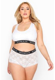 Weißes lounge bralette set aus spitze mit woman schriftzug