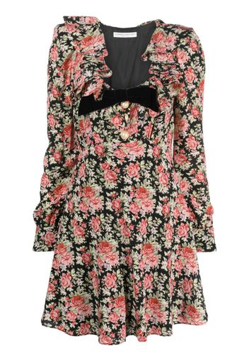 Alessandra Rich rose-print silk flared dress - Schwarz