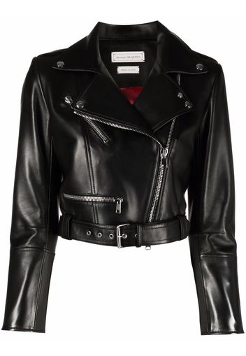 Alexander McQueen Cropped-Bikerjacke mit Gürtel - Schwarz