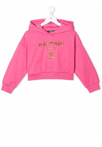 Balmain Kids cropped sequin-logo hoodie - Rosa