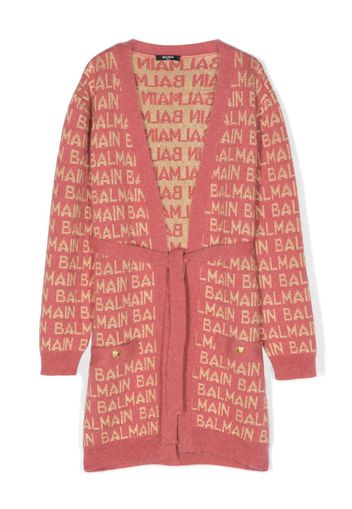 Balmain Kids intarsia-knit logo belted cardigan - Rosa