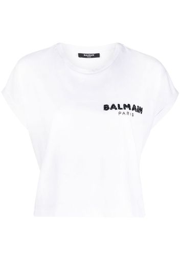 Balmain T-Shirt mit Pailletten-Logo - Weiß