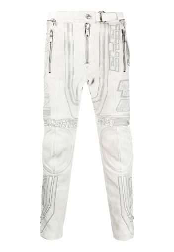 Balmain embroidered-design tapered leather trousers - Weiß