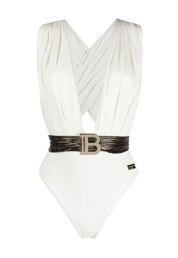 Balmain plunge-neck logo swimsuit - Weiß