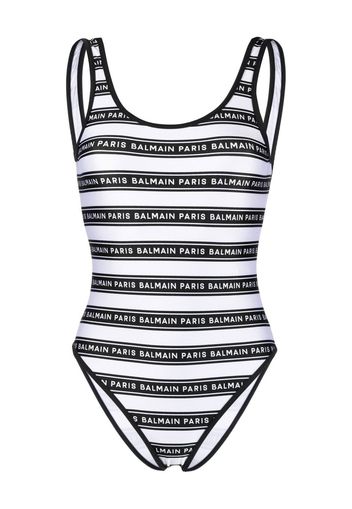 Balmain striped logo-print swimsuit - Weiß