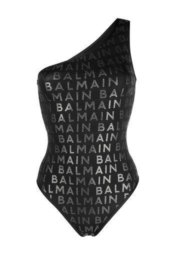 Balmain logo-print one-shoulder swimsuit - Schwarz