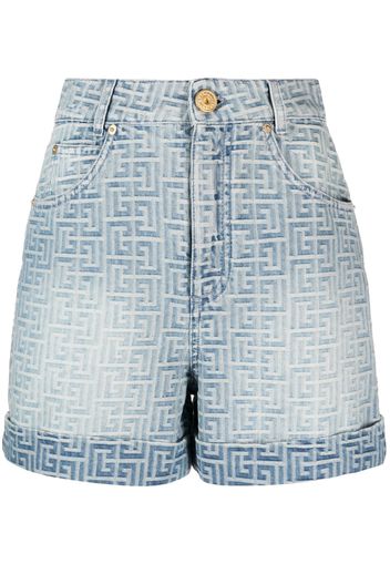 Balmain monogram-print cotton denim shorts - Blau