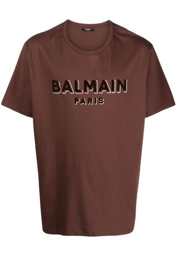 Balmain flocked-logo cotton T-shirt - Braun