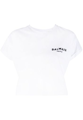 Balmain flocked-logo cropped T-shirt - Weiß
