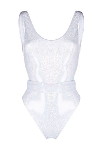 Balmain logo-print glitter swimsuit - Weiß