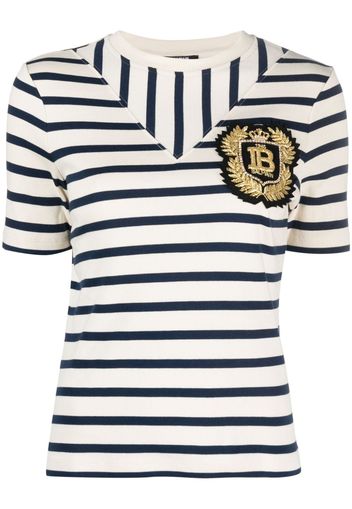 Balmain logo-patch ribbed-knit striped T-shirt - Nude