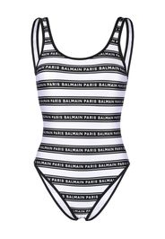 Balmain striped logo-print swimsuit - Weiß
