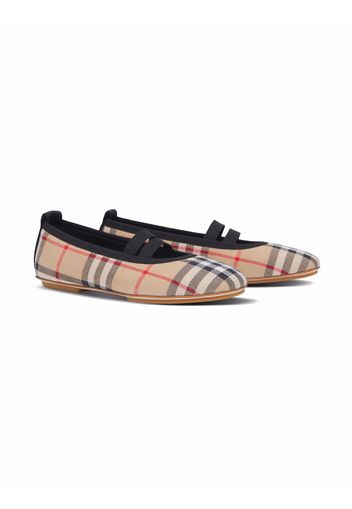 Burberry Kids logo-detail Vintage check cotton ballerina shoes - Nude