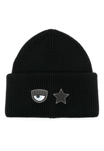 Chiara Ferragni Gerippte Beanie mit Logo-Patch - Schwarz