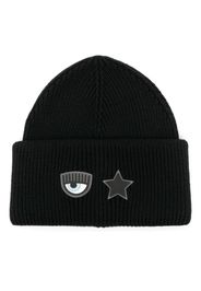 Chiara Ferragni Gerippte Beanie mit Logo-Patch - Schwarz