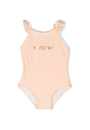 Chloé Kids ruffle-trim logo-print swimsuit - Nude