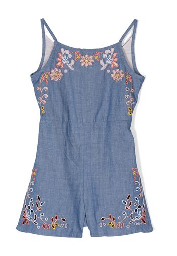 Chloé Kids floral-embroidered denim playsuit - Blau