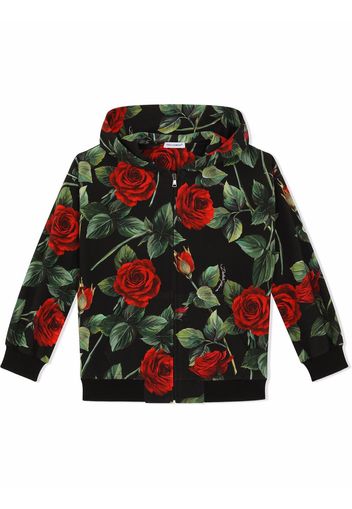 Dolce & Gabbana Kids Kapuzenjacke mit Rosen-Print - Schwarz