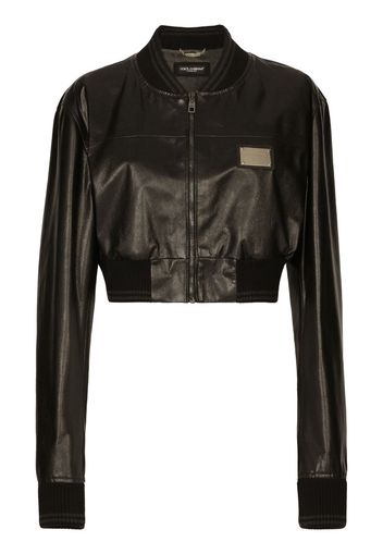 Dolce & Gabbana logo-plaque cropped leather jacket - Schwarz