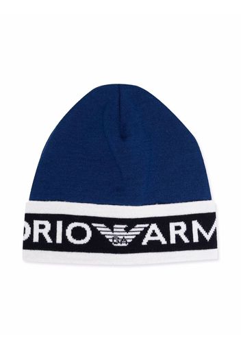 Emporio Armani Kids Intarsien-Strickmütze mit Logo - Blau