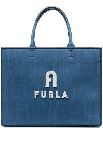 Furla embossed logo denim tote bag - Blau