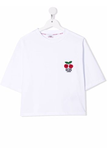 Gcds Kids TEEN cherry-embroidered cropped T-shirt - Weiß