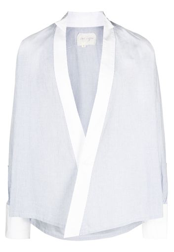 Greg Lauren pinstripe-print collarless shirt - Blau