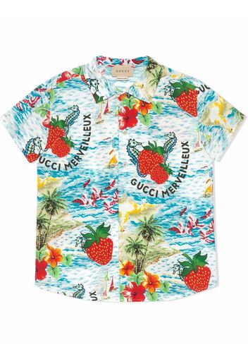 Gucci Kids Hemd mit Erdbeeren-Print - Blau