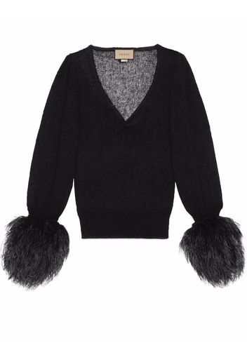 Gucci feather-detail V-neck jumper - Schwarz