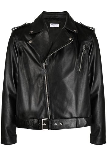 Honey Fucking Dijon slogan-print leather biker jacket - Schwarz