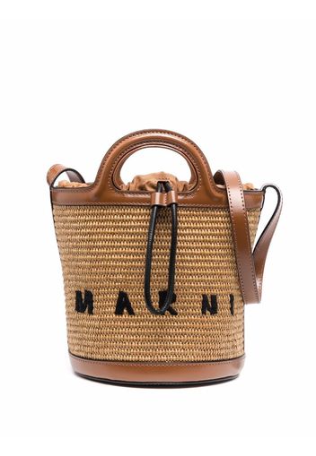 Marni logo-embroidered raffia bucket bag - Braun