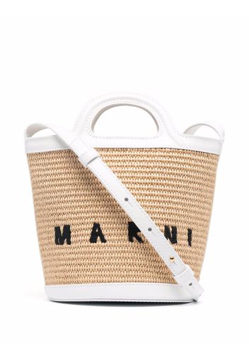 Marni embroidered-logo woven bucket bag - Nude