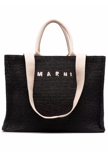 Marni logo-embroidered raffia tote bag - Schwarz