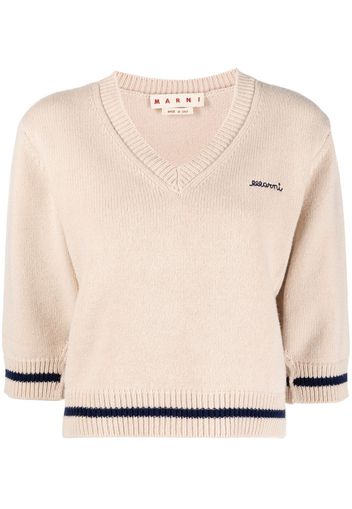 Marni logo-embroidered V-neck jumper - Nude