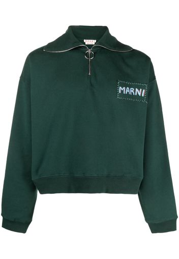 Marni logo-print short-zip cotton sweatshirt - Grün