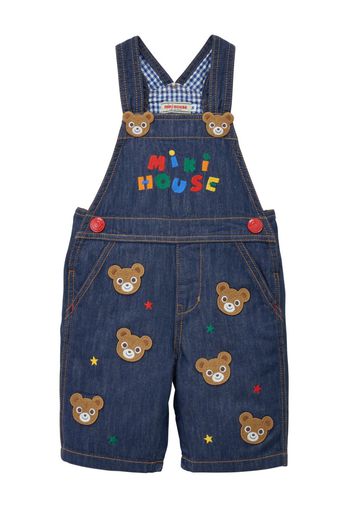 Miki House bear-embroidered cotton overalls - Blau