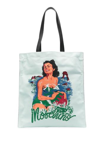 Moschino illustration-print leather tote - Blau